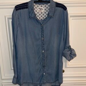 HOLDING HORSES Washed Blue Chambray Button-Down with Embroidered Shoulders